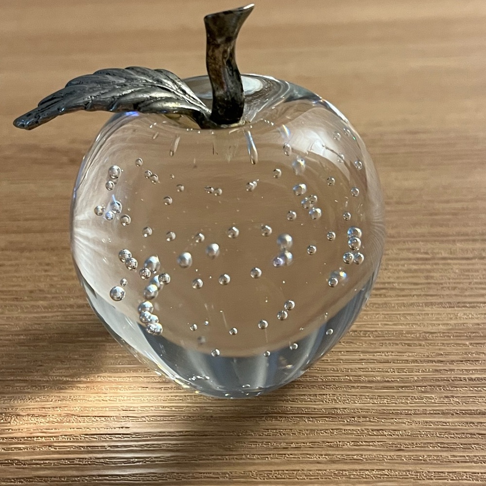 Vintage Glass Apple Paperweight Controlled Bubbles Brass Stem Leaf Desk Art #1